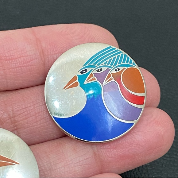 LAUREL BURCH Signed Celestial Birds Enamel Silver-tone Round Post Earrings 11.6g - Picture 8 of 12